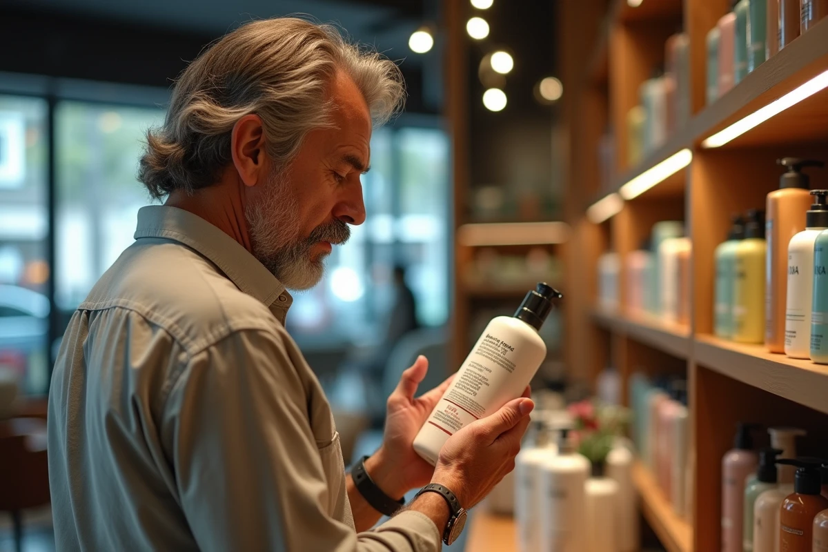 Homme regarde les ingrédients d’un shampoing en boutique