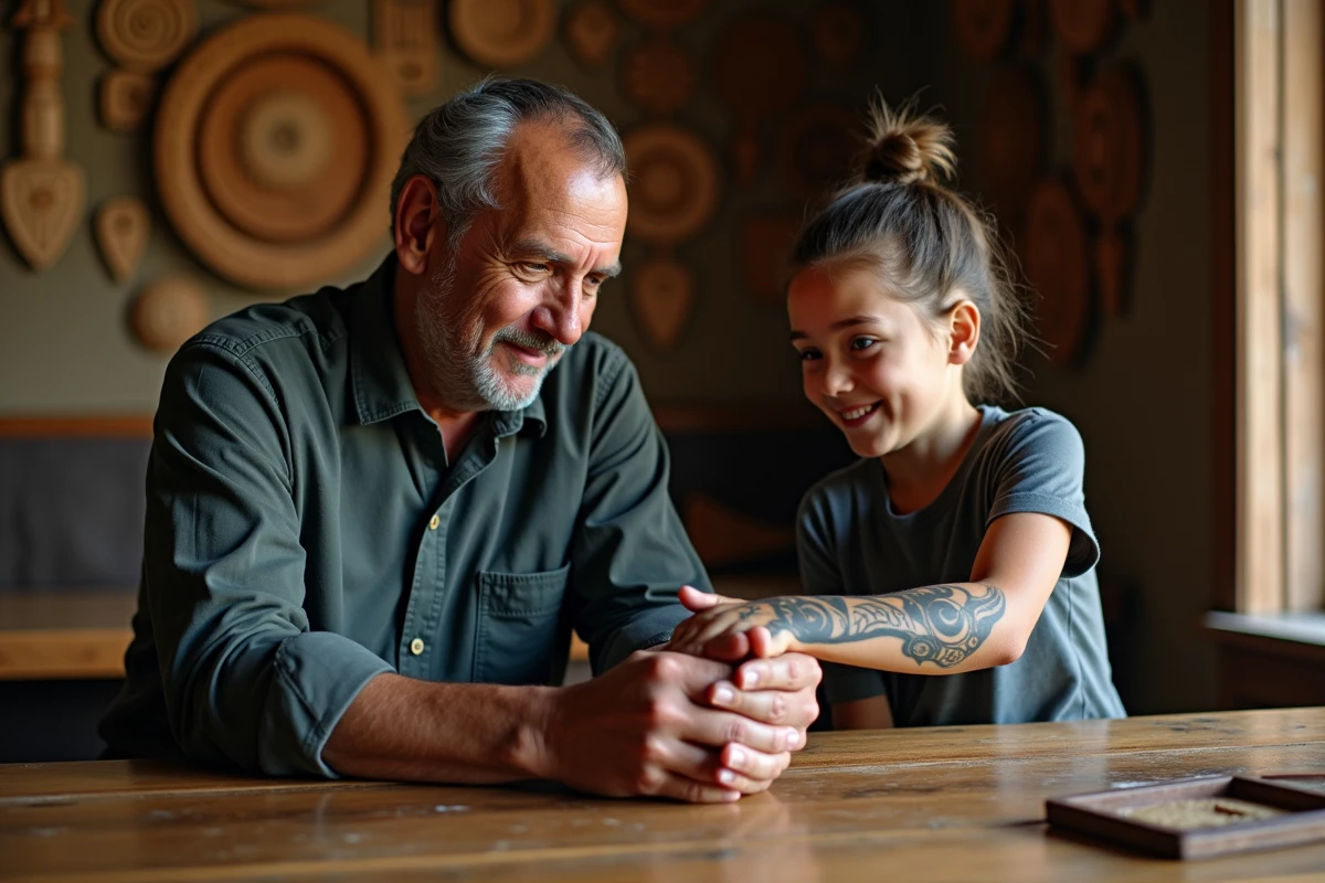 Homme maorie montrant ses tatouages à un enfant dans un intérieur traditionnel