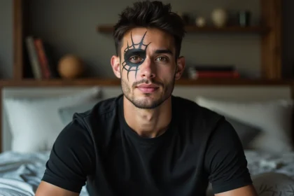Homme avec maquillage spiderweb sur le visage