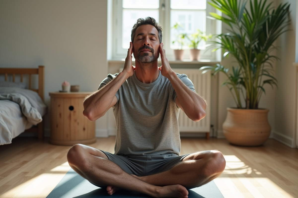 Homme assis en yoga massant la nuque dans un studio lumineux