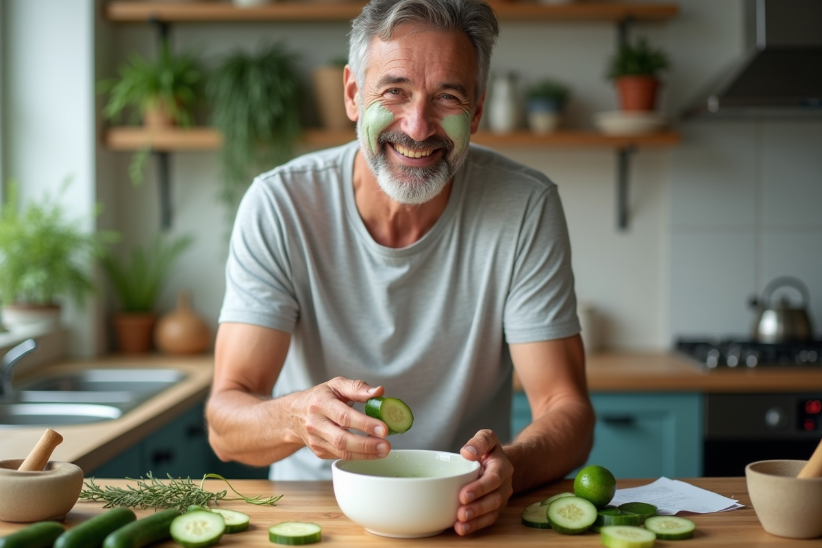 Homme préparant un masque de concombre dans la cuisine