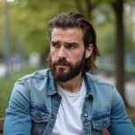 Homme barbu en portrait avec coiffure mullet en ville