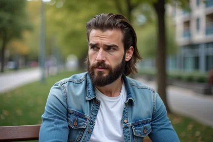 Homme barbu en portrait avec coiffure mullet en ville