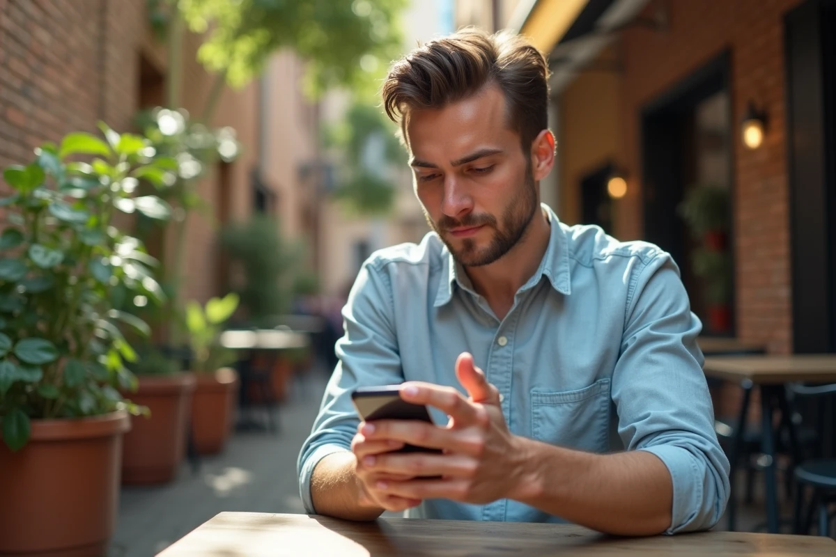 Jeune homme avec ongles en forme utilise son smartphone en terrasse