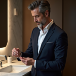 Homme d'âge moyen en costume navy appliquant du parfum dans une salle de bain élégante