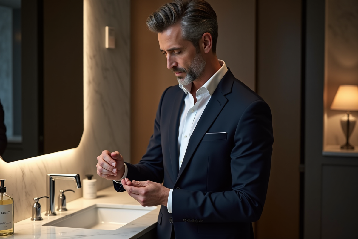 Homme d'âge moyen en costume navy appliquant du parfum dans une salle de bain élégante