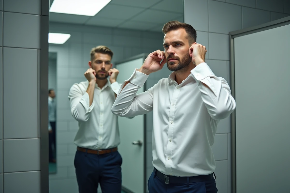 Homme d affaires se coiffant devant miroir au bureau