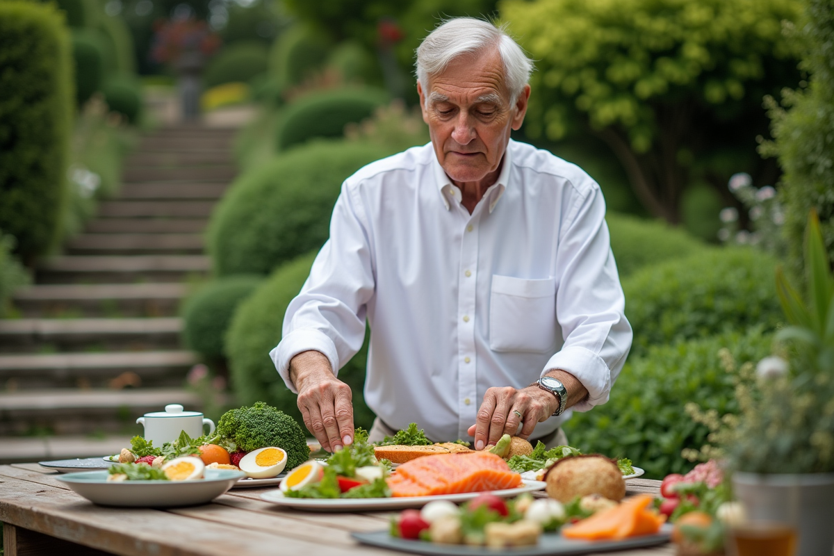Homme arrangeant un plateau de aliments riches en collagene en extérieur