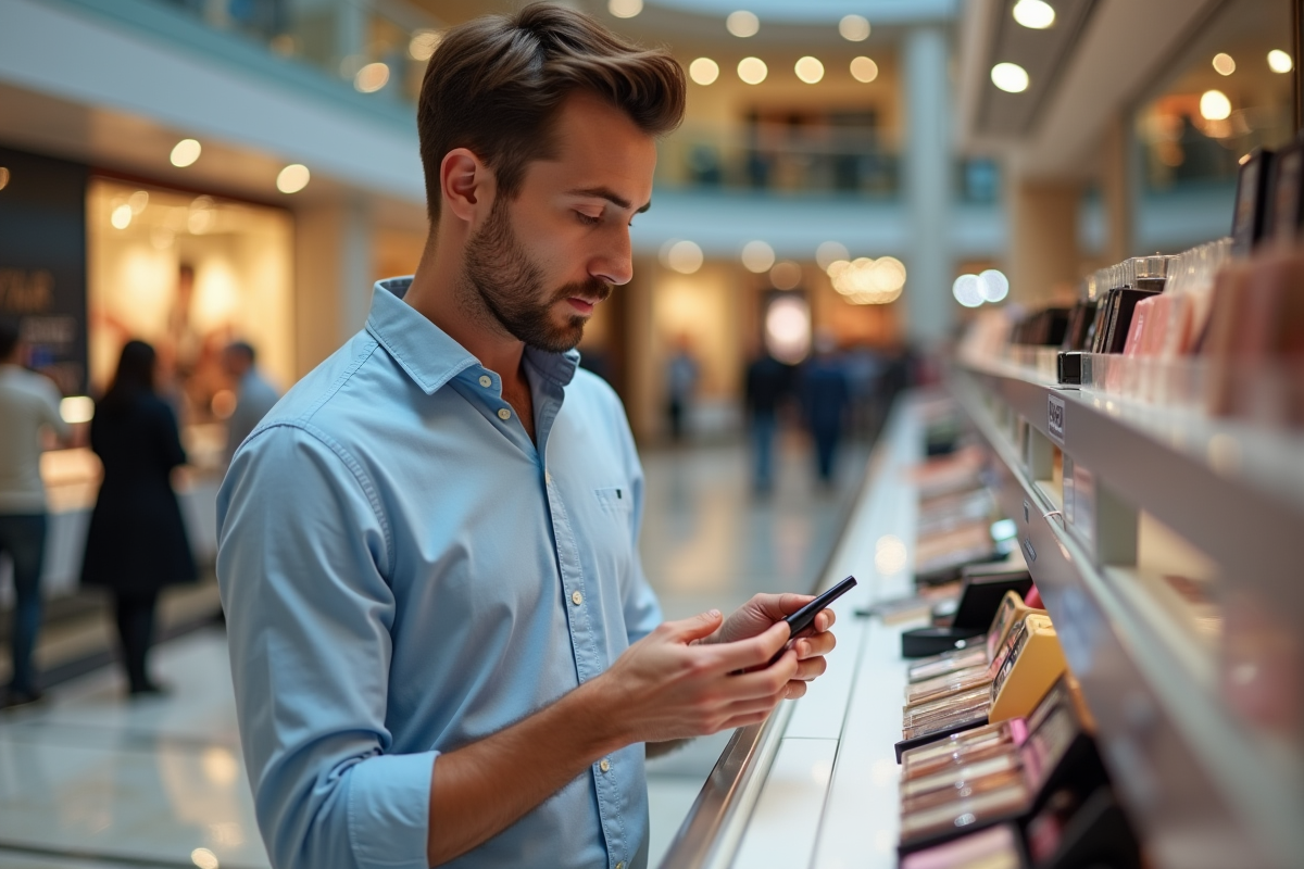 Homme en tenue élégante examinant un produit cosmétique en centre commercial