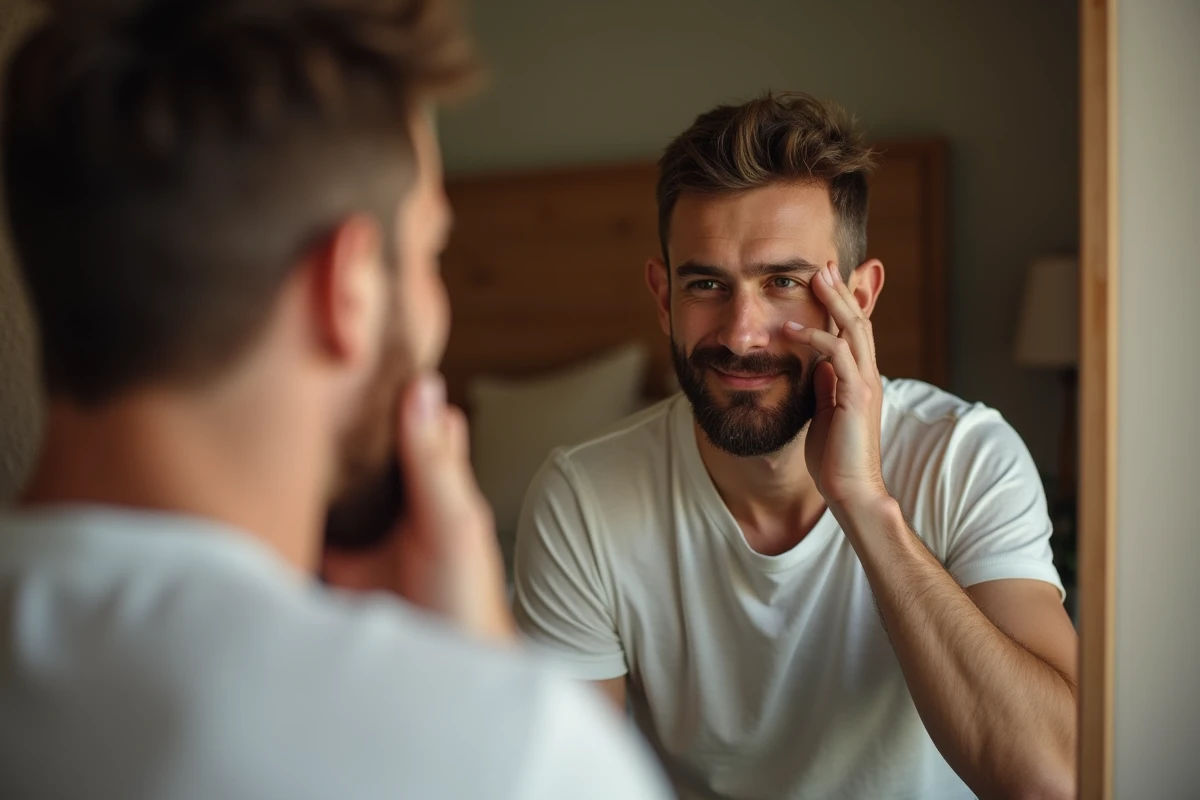 Homme appliquant un serum sur le front dans une chambre chaleureuse
