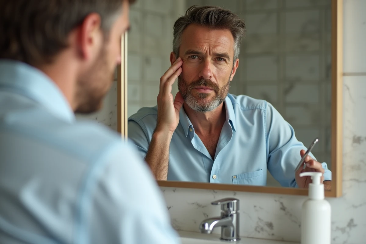Homme examinant sa peau avec un miroir dans la salle de bain