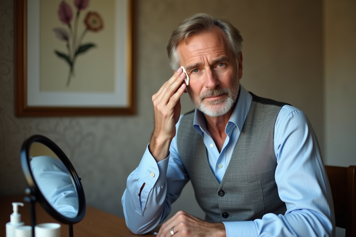 Homme d age appliquant du concealer sous les yeux