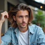 Homme élégant aux cheveux bruns dans un café urbain