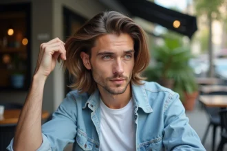 Homme élégant aux cheveux bruns dans un café urbain