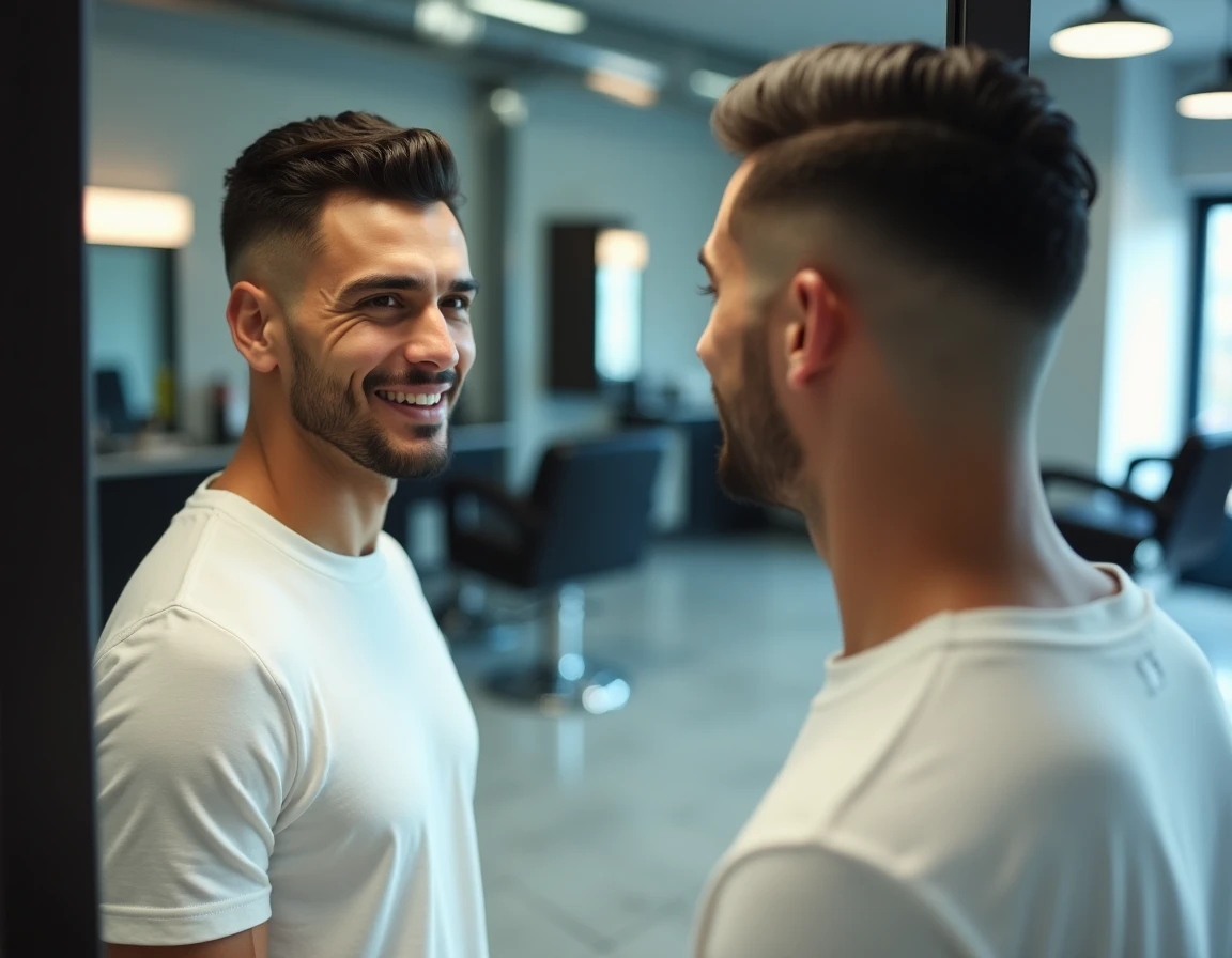 Homme hispanique admirant sa coupe taper avec des contours précis et une ligne frontale soignée dans un salon moderne