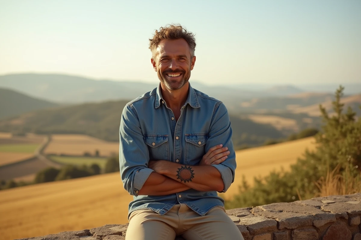 Homme avec tatouage soleil géométrique en campagne