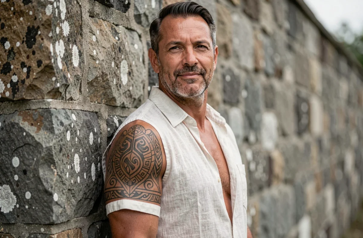 Homme portant un tatouage tortue hawaïen et maori sur l'épaule avec symboles géométriques détaillés