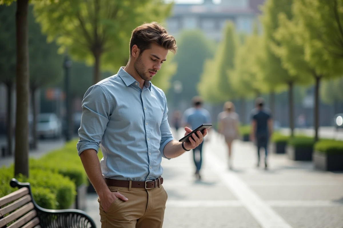 Jeune homme dans un parc urbain tenant un produit