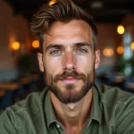 Homme aux yeux hazel avec barbe soignée et chemise verte en intérieur café urbain