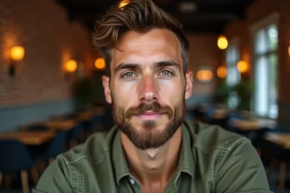 Homme aux yeux hazel avec barbe soignée et chemise verte en intérieur café urbain