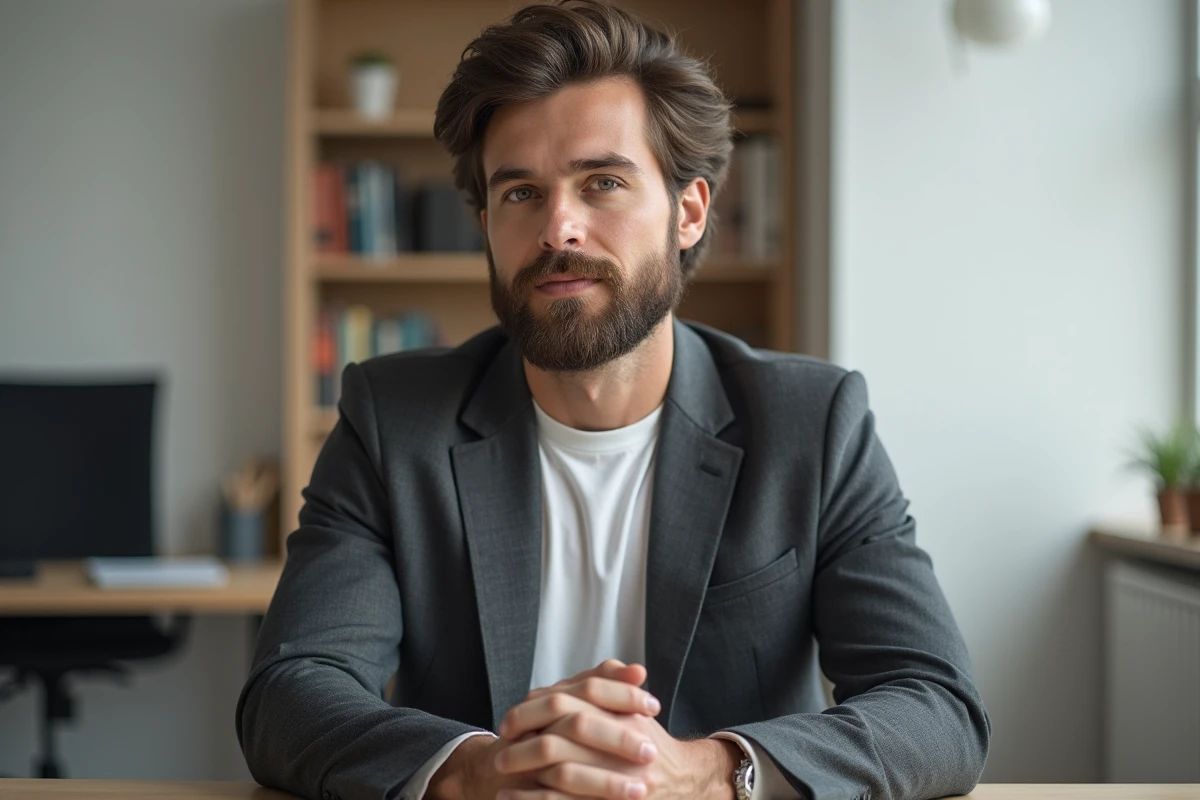 Homme aux yeux hazel avec cheveux ondulés et barbe pleine en tenue professionnelle bureau moderne