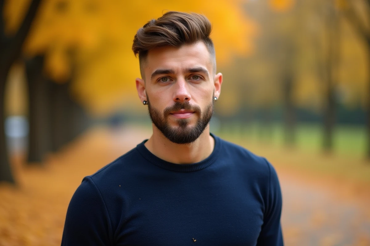 Homme aux yeux hazel avec coupe taper fade et pull marine en parc automnal