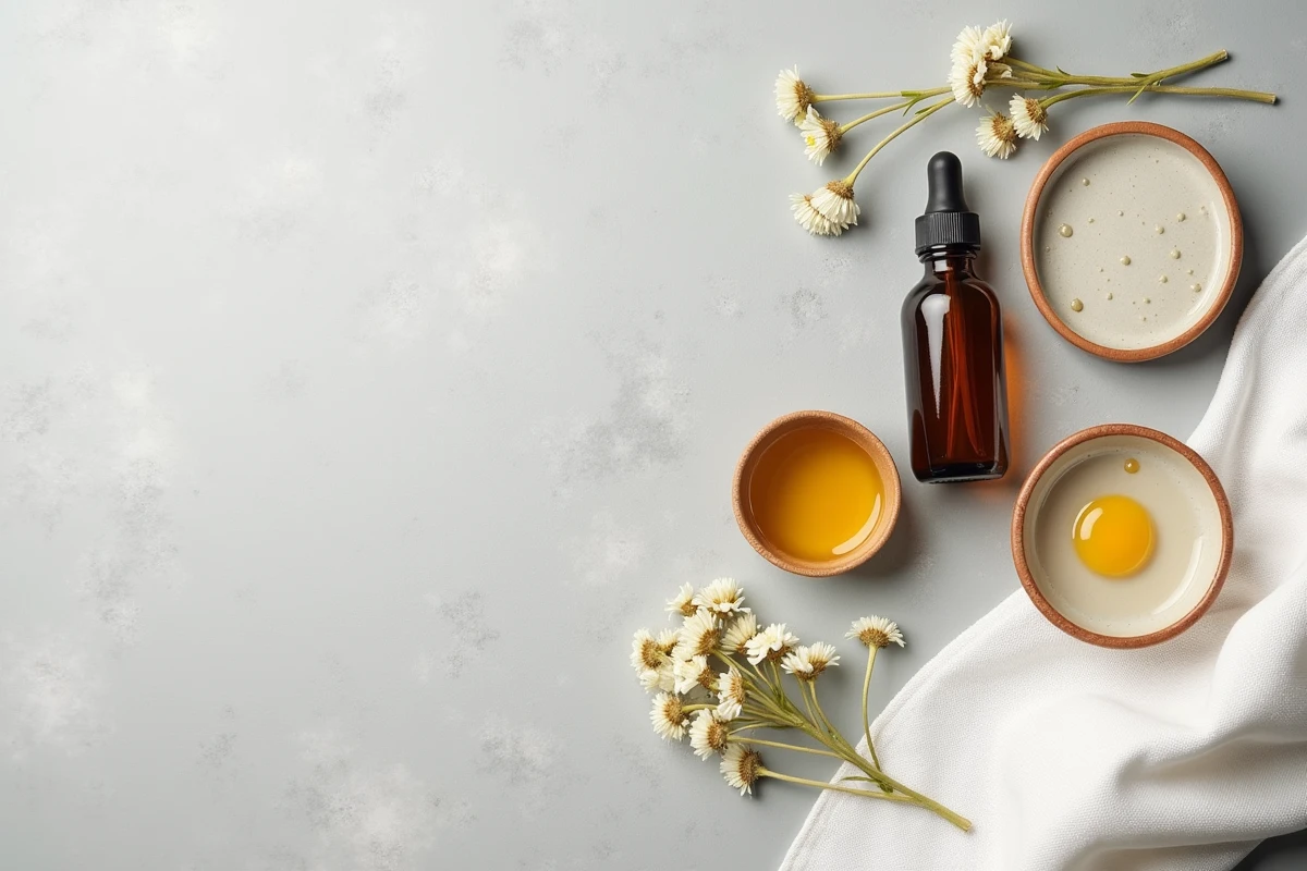 Vue de dessus d'une huile hydratante pour le visage avec accessoires de soin naturels sur fond gris