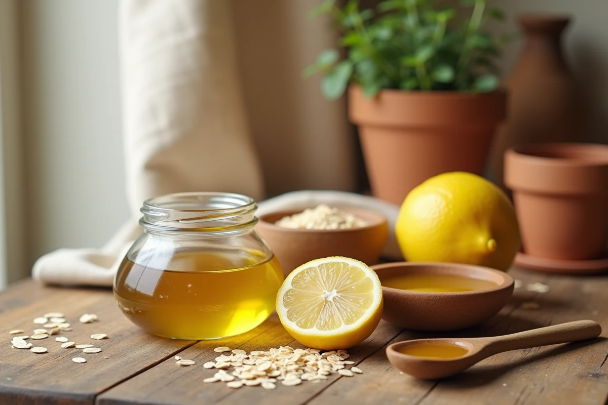Ingrédients naturels pour masque maison à l'huile d'olive disposés sur un plan de travail en bois rustique