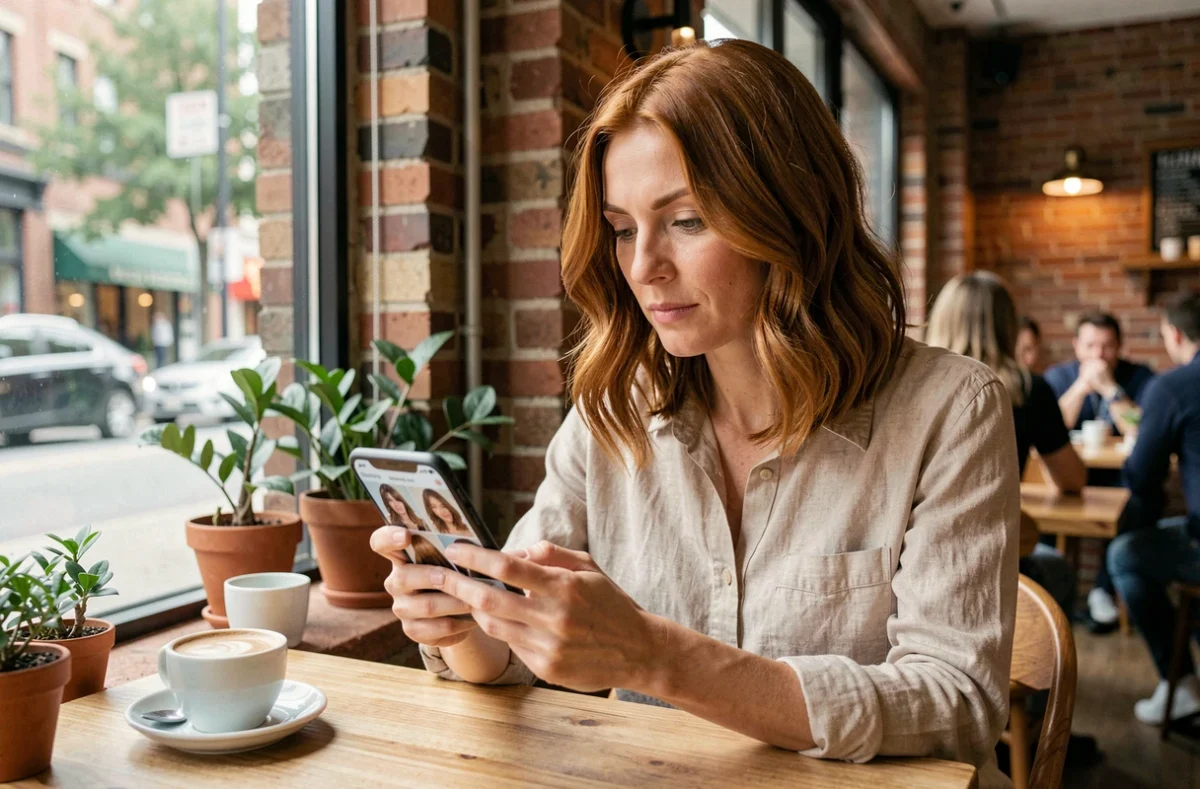 Femme dans un café consultant des inspirations de coupe au carré sur son téléphone pour planifier sa transition depuis les cheveux longs