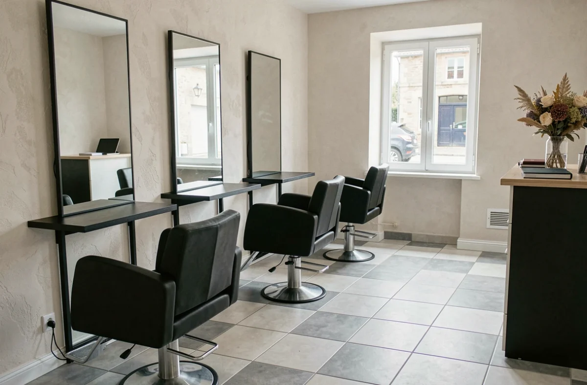 Intérieur d'un salon de coiffure moderne et élégant dans le Morbihan, avec fauteuils et miroirs de coiffure