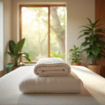 Intérieur de spa serein avec table de massage et plantes vertes