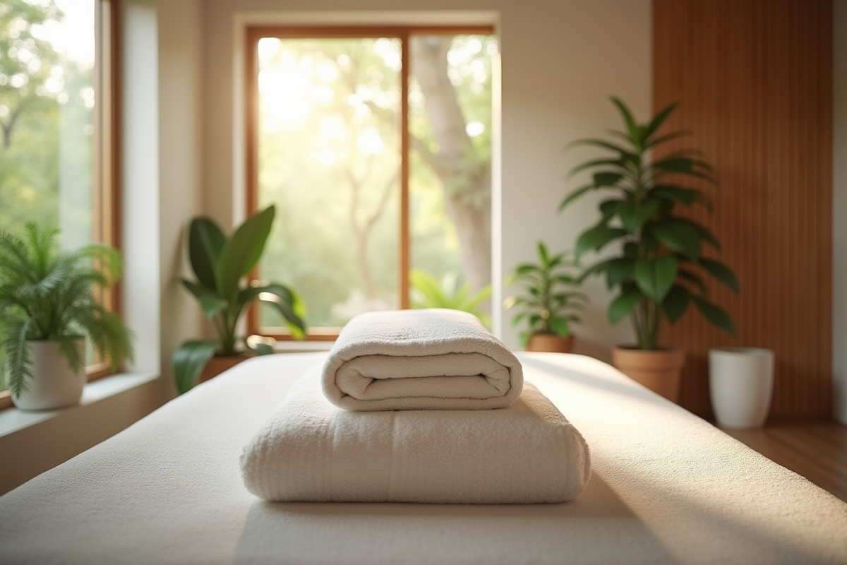 Intérieur de spa serein avec table de massage et plantes vertes