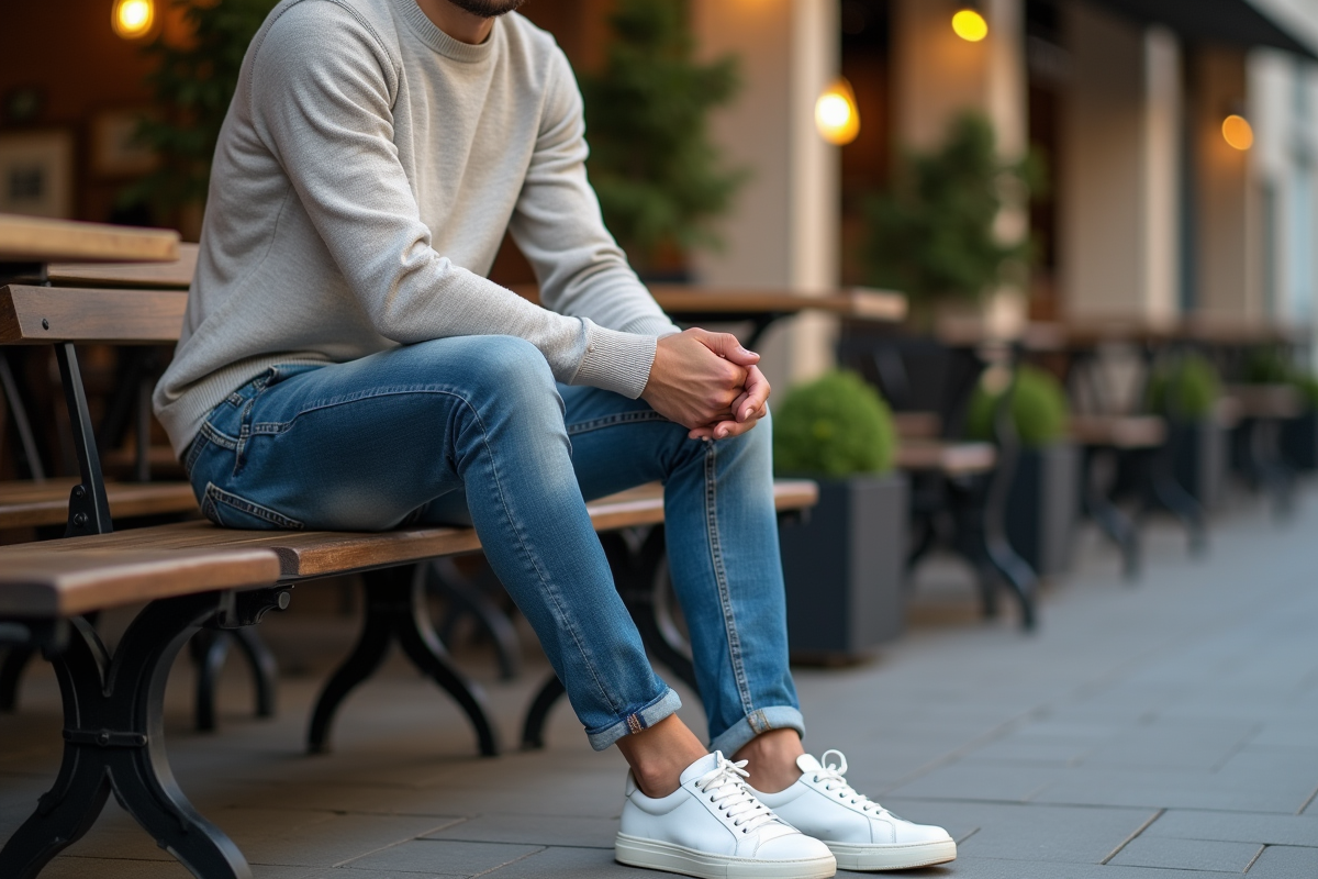 Homme en jeans slim assis au cafe en plein air