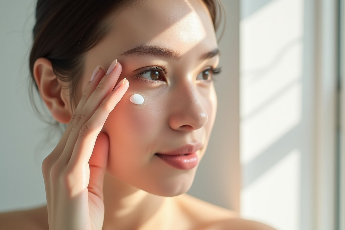 Jeune femme appliquant une creme pour les yeux sous les yeux