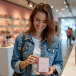 Jeune femme souriante ouvre un échantillon de beauté en magasin