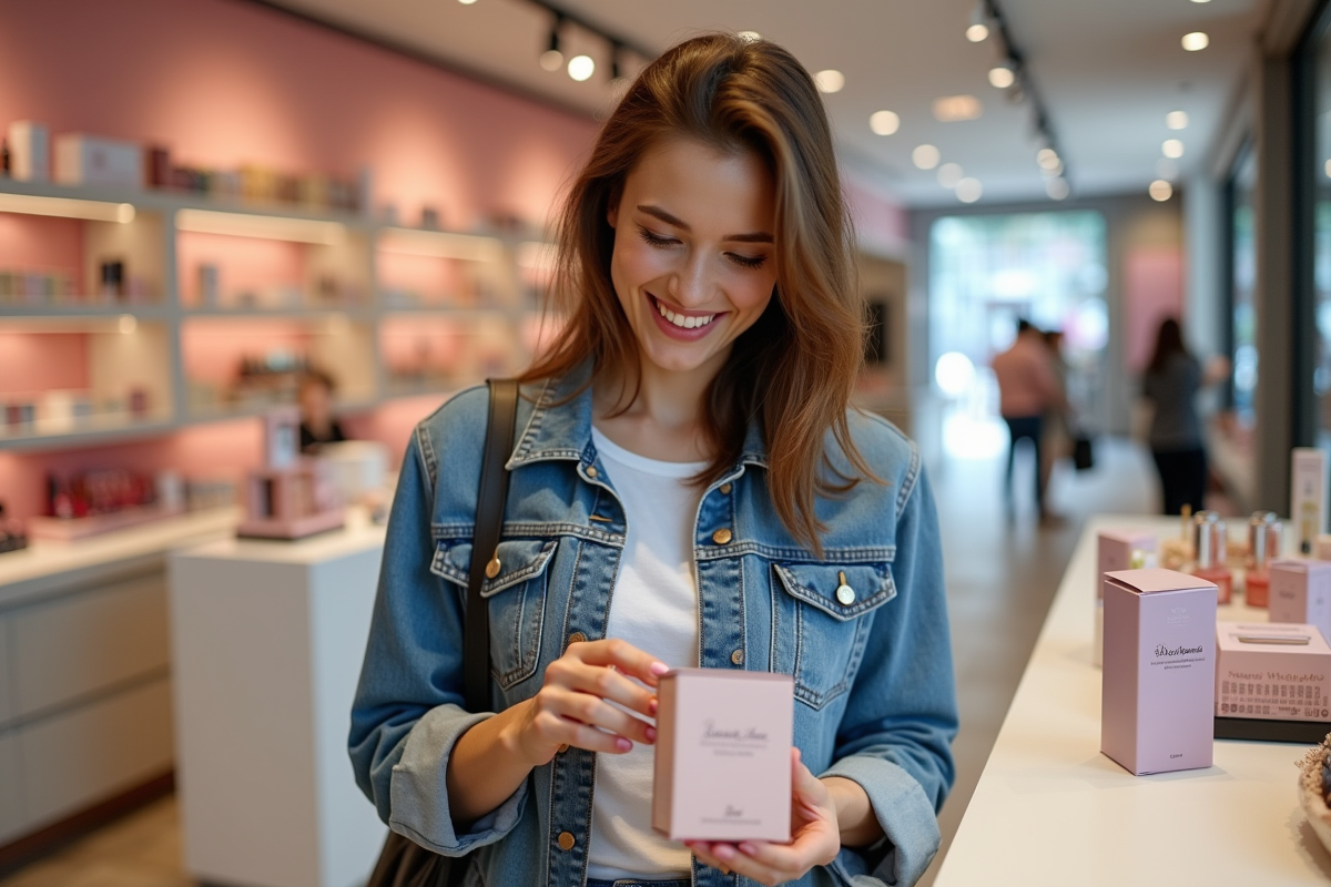 Jeune femme souriante ouvre un échantillon de beauté en magasin