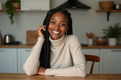 Jeune femme noire aux braids dans une cuisine moderne