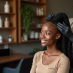 Jeune femme noire souriante dans un salon moderne et chaleureux
