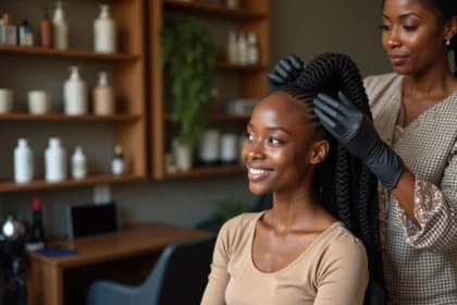 Jeune femme noire souriante dans un salon moderne et chaleureux