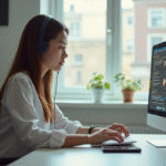 Jeune femme travaillant sur son ordinateur dans un bureau lumineux