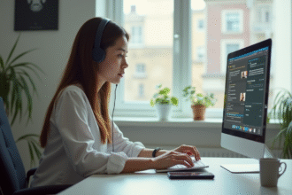 Jeune femme travaillant sur son ordinateur dans un bureau lumineux