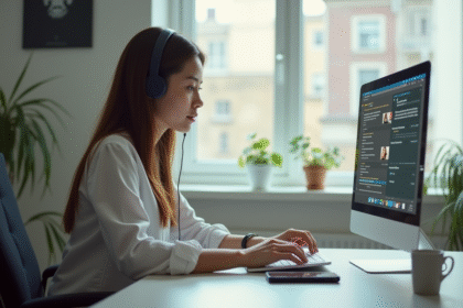 Jeune femme travaillant sur son ordinateur dans un bureau lumineux