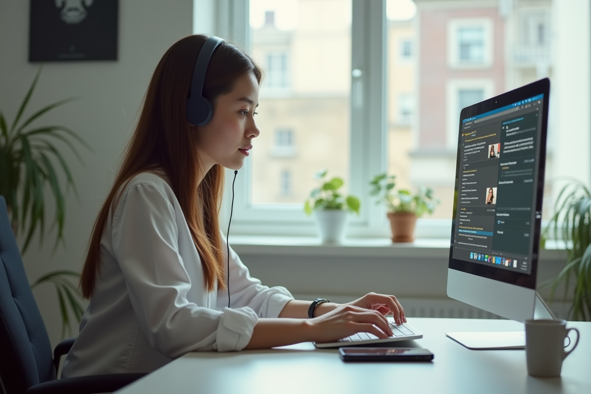 Jeune femme travaillant sur son ordinateur dans un bureau lumineux