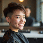 Jeune femme souriante avec coupe tiper dans un salon moderne