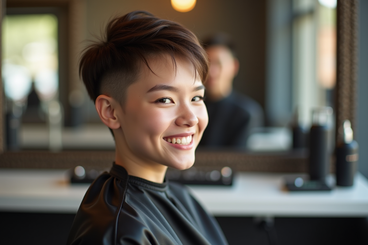 Jeune femme souriante avec coupe tiper dans un salon moderne