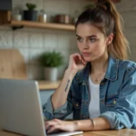 Jeune femme en cuisine utilisant un ordinateur portable