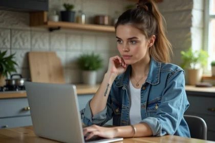 Jeune femme en cuisine utilisant un ordinateur portable