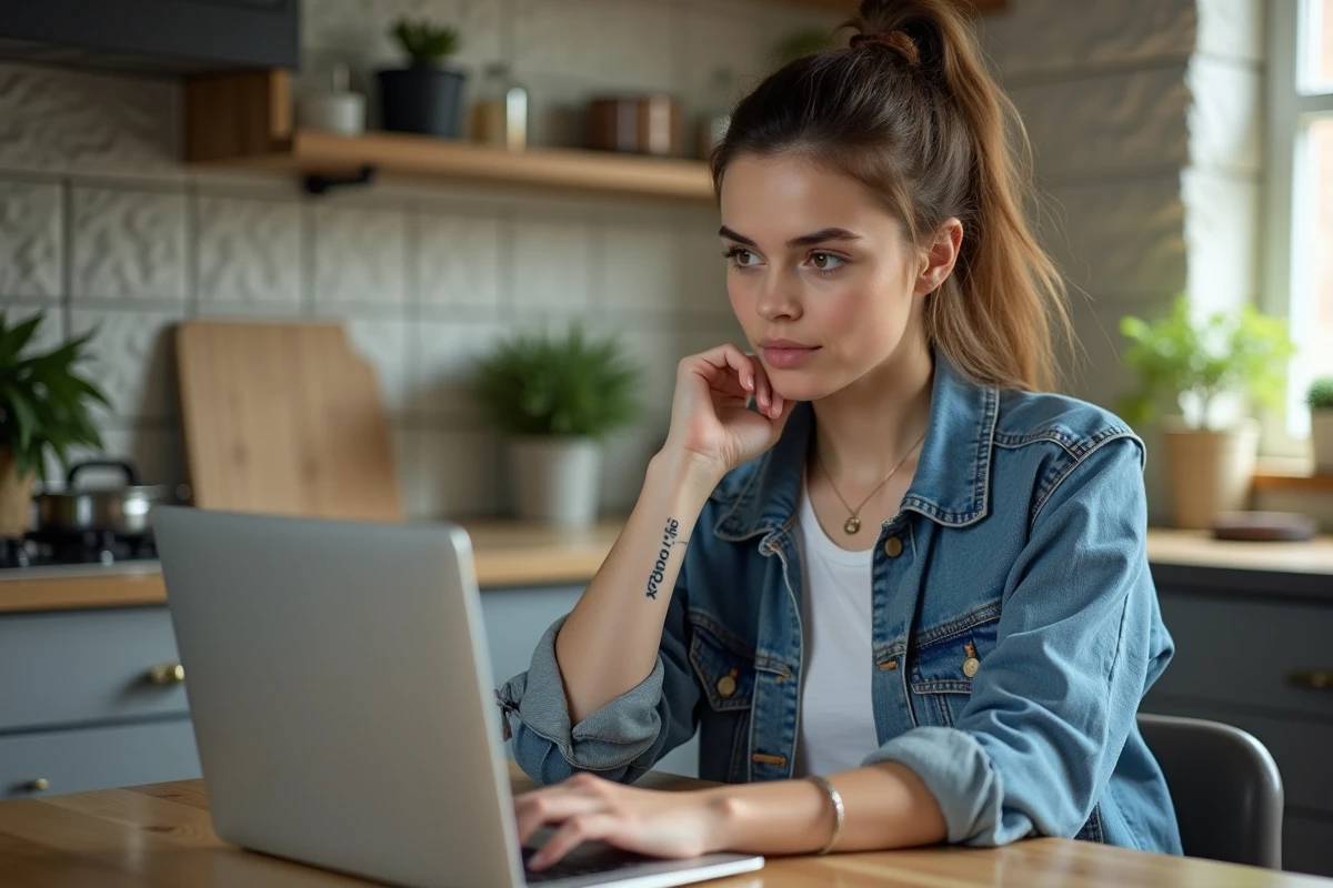Jeune femme en cuisine utilisant un ordinateur portable