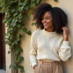 Jeune femme aux cheveux bouclés et sourire naturel