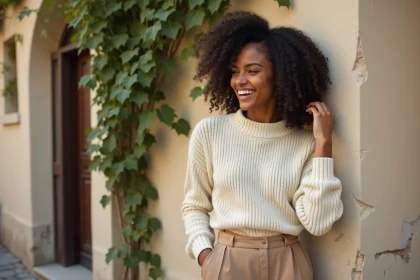 Jeune femme aux cheveux bouclés et sourire naturel